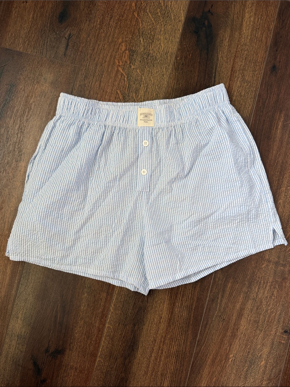 Women's Light Blue High-Waist Seersucker Shorts